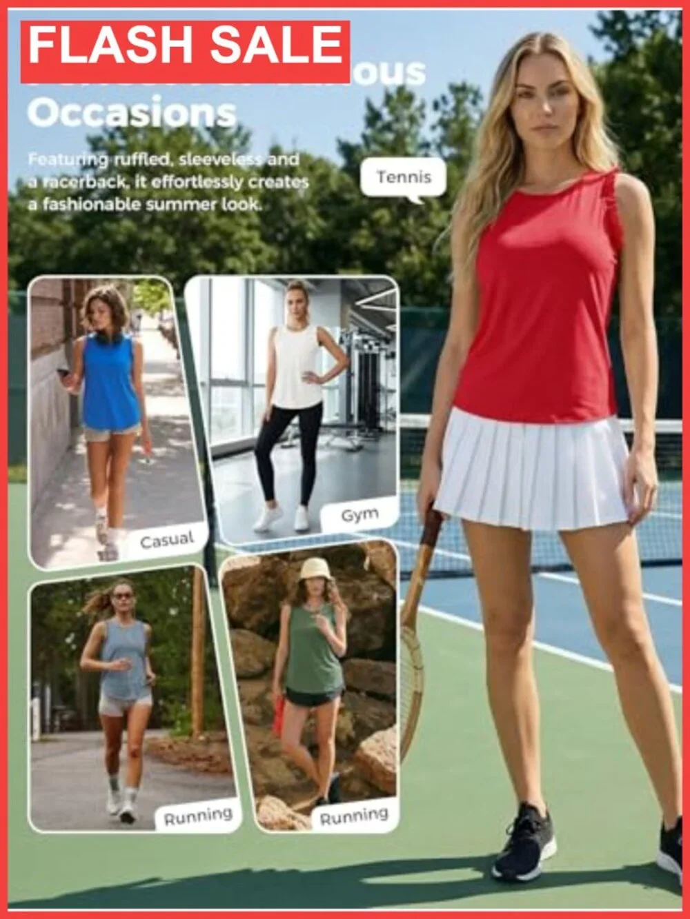 Fisoew Women's Ruffle Sleeveless Workout Tank Top Crewneck Racerback